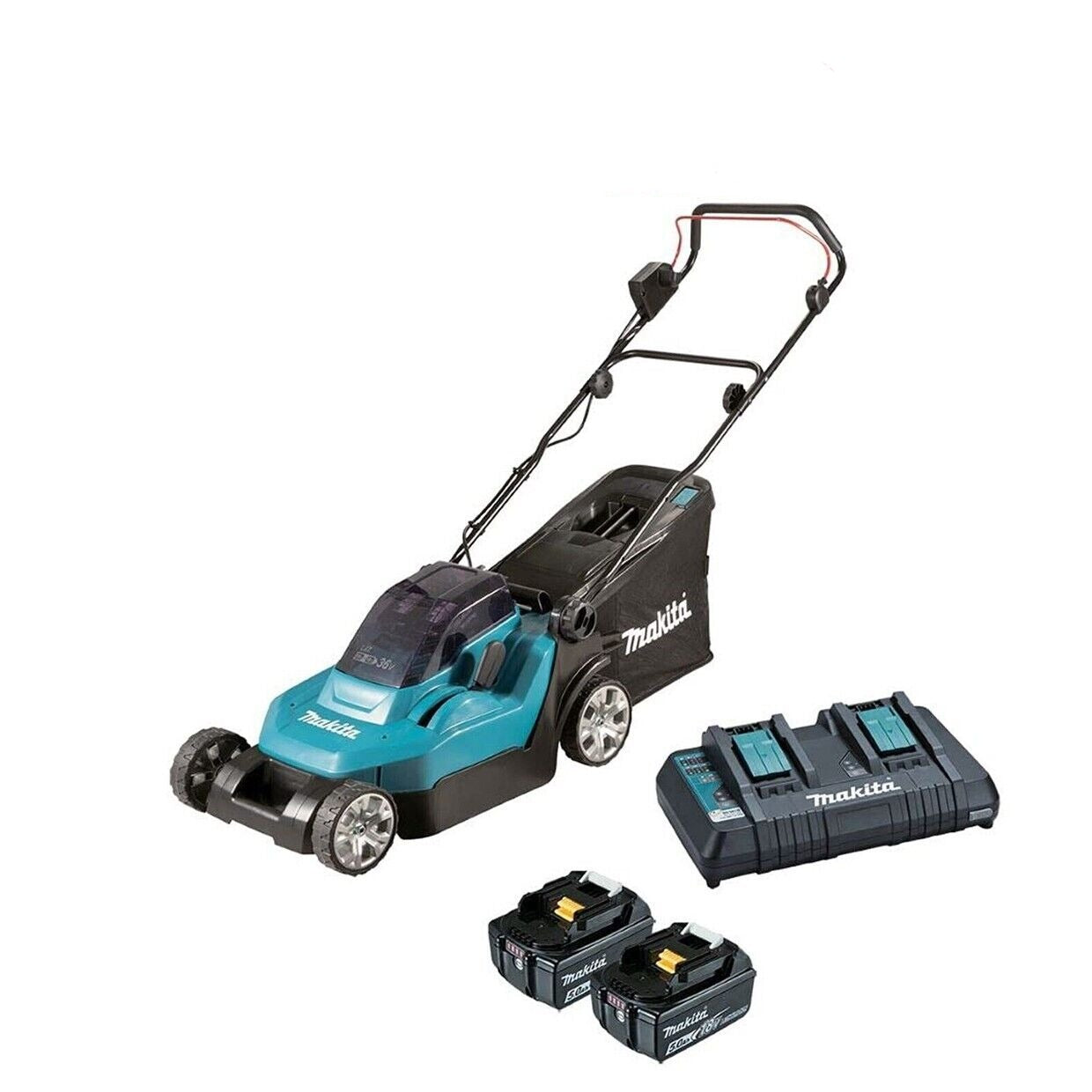 Makita DLM382CT2 Lawnmower 38cm Twin 18v  36v  Cordless 2x5ah Batteries  Bronze