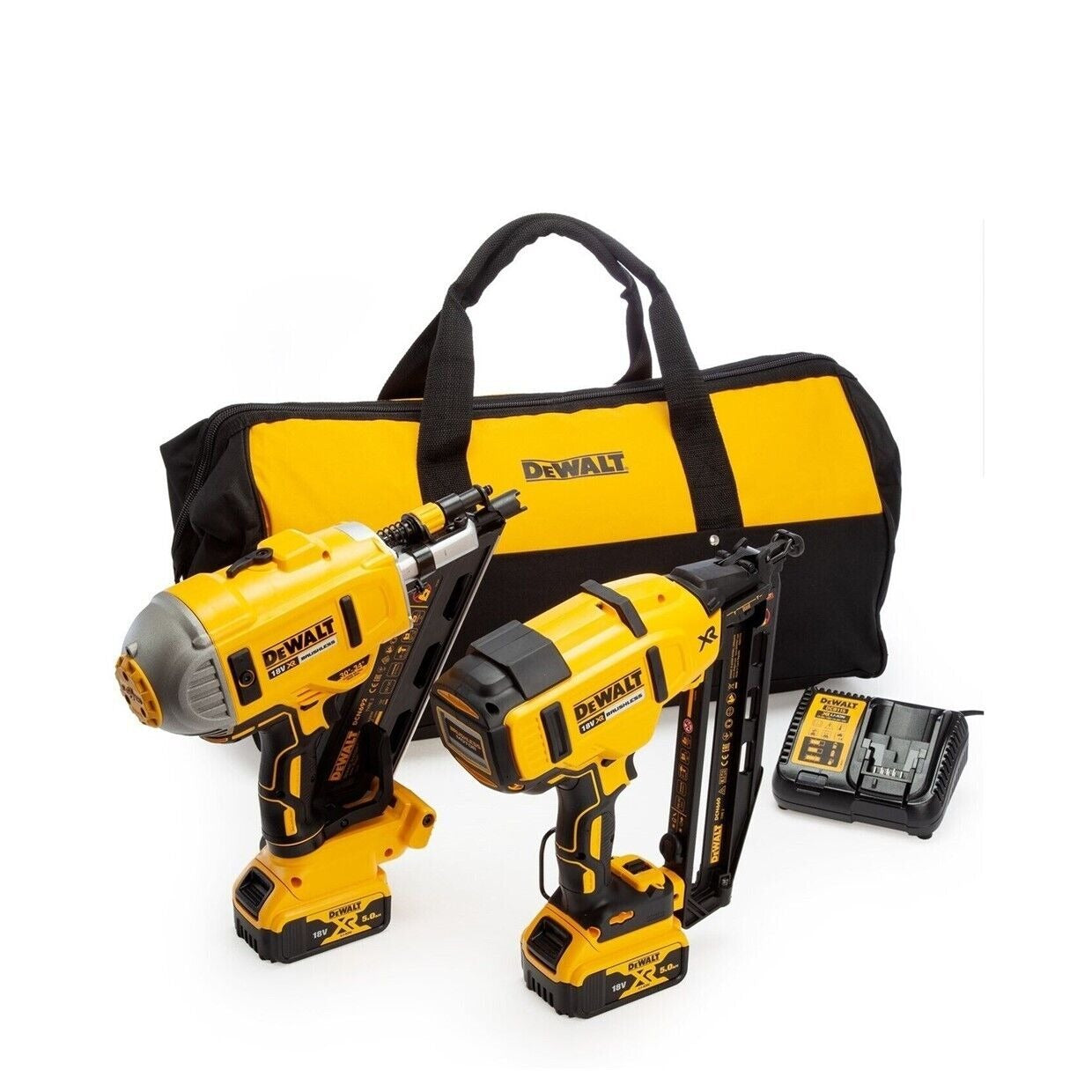 DEWALT DCK2046P2 18V XR Cordless Nailer Twin Kit with 2x5 0Ah Li-Ion Batteries Silver